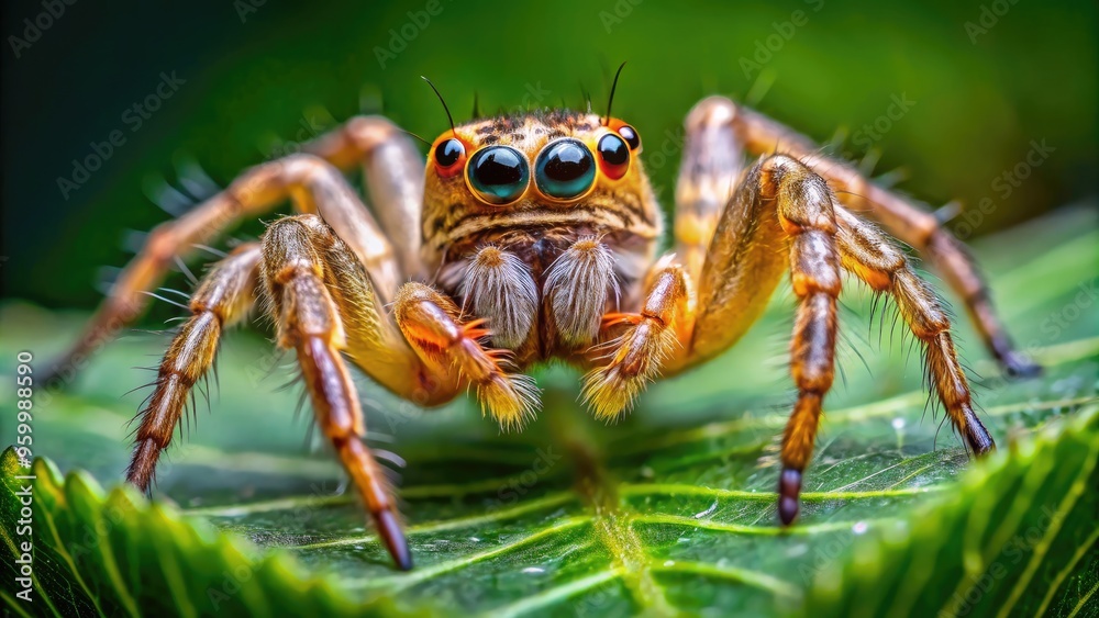 Extreme close-up of a tiny eight-legged arachnid crawling on a green leaf, its delicate legs and body a mesmerizing display of intricate detail. Extreme close-up of a tiny eight-legged arachnid crawling on a green leaf, its delicate legs and body a mesmerizing display of intricate detail.