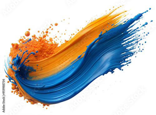 Blue Ink Brush Stroke with Orange Paint Splashes cut out. isolated on transparent background. Copy space.