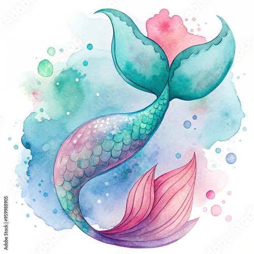 Vibrant and Imaginative Watercolor Clipart Featuring a Cute Mermaid Tail for Creative Projects photo