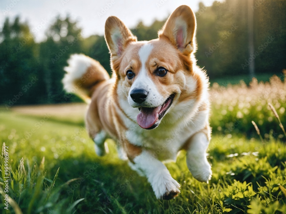A dog running in green field under sunlight with happiness look. A dog running in green field under sunlight with happiness look.