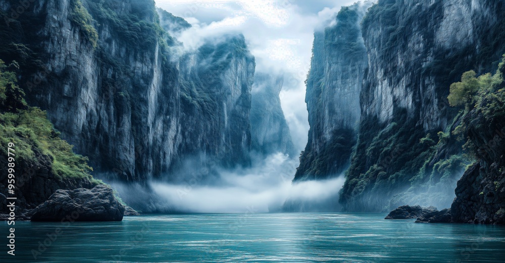 Fototapeta premium A breathtaking canyon landscape with towering cliffs shrouded in mist and a tranquil river flowing through the valley.