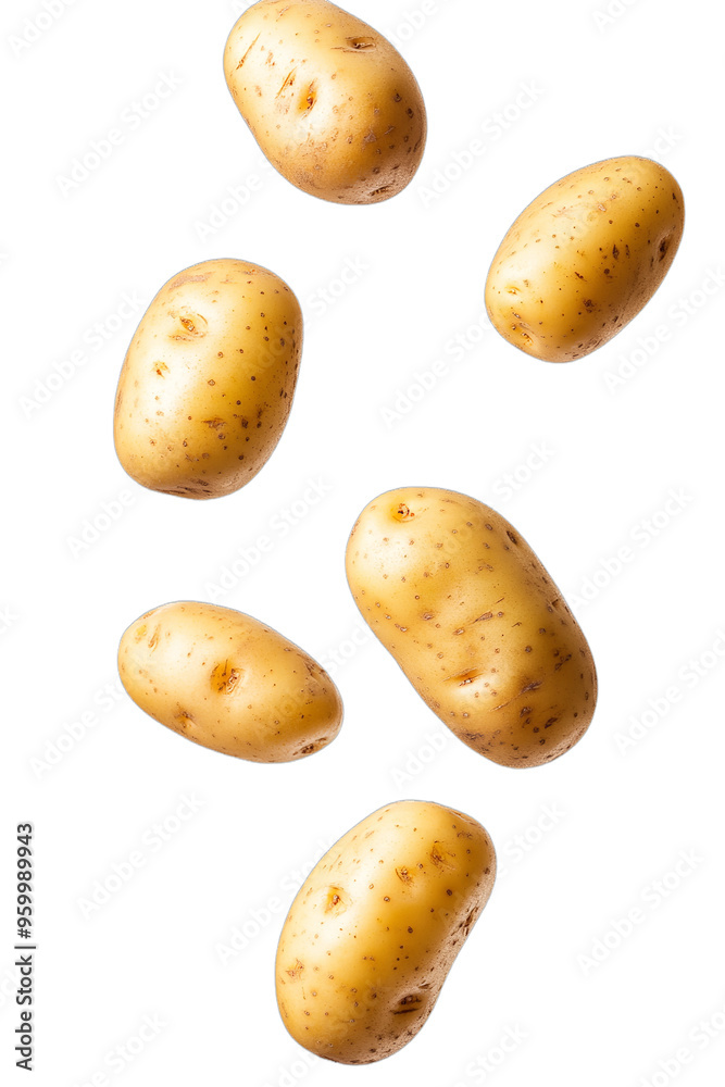 potatoes falling from above over isolated white transparent background