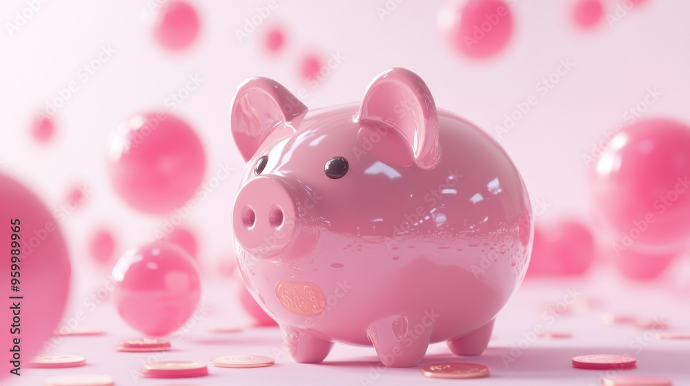 Pink Piggy Bank with Coins Pink Piggy Bank with Coins