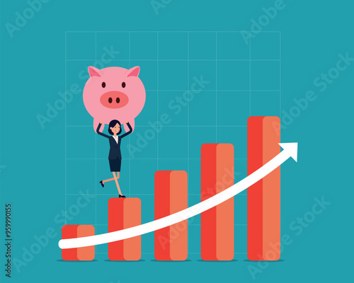 Investor hold wealthy pink piggy bank walking up risign stock market bar graph