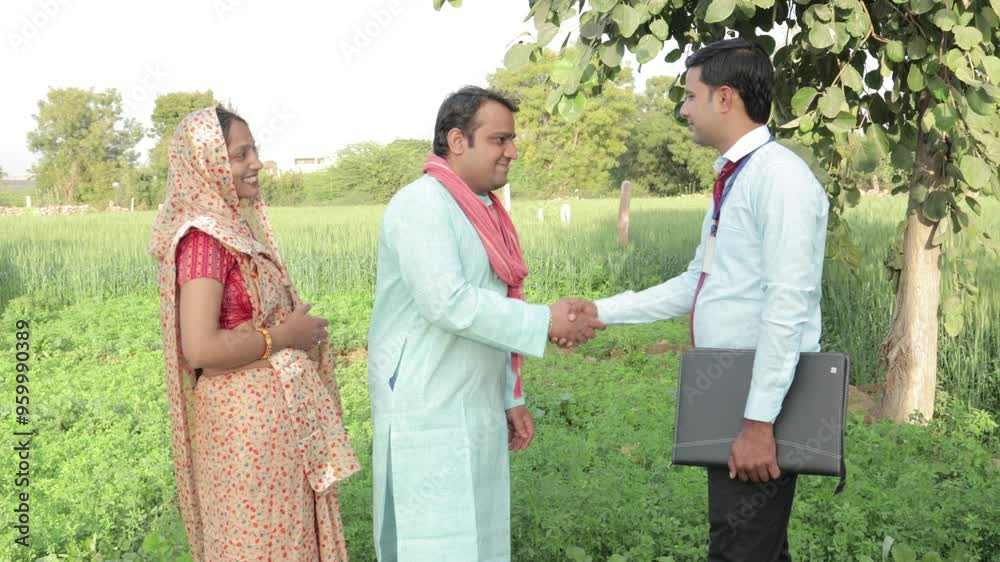 Young indian bank manager or finance person shake hand with farmer couple at agriculture field. Loan approval, 4k Young indian bank manager or finance person shake hand with farmer couple at agriculture field. Loan approval, 4k