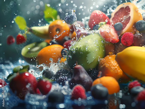 fresh fruits dropping into water