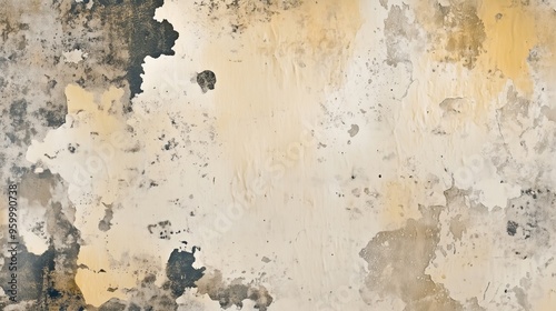 A weathered wall with peeling paint, revealing a textured, earthy surface with shades of beige, brown, and gray.