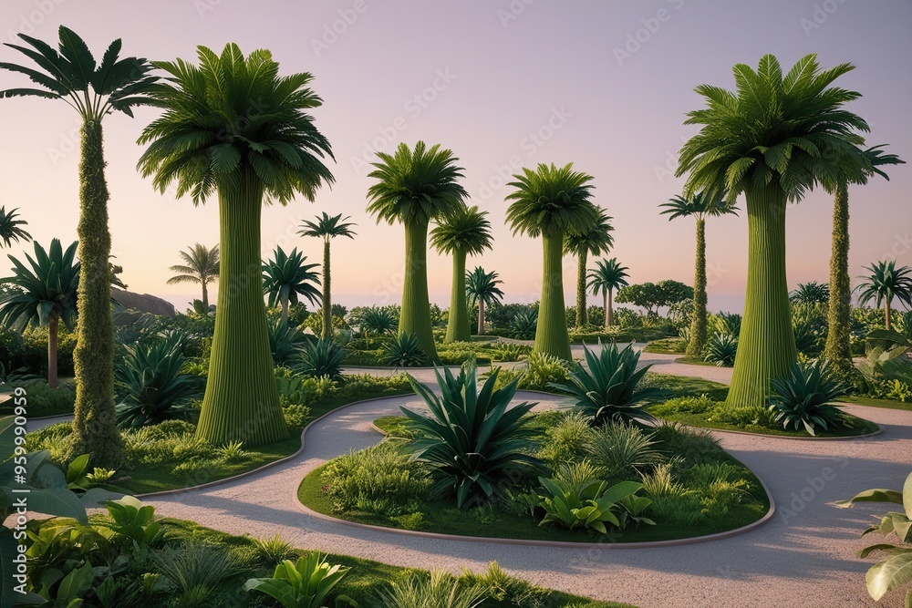 Fototapeta premium 3D Render of Contour Shapes of Greenery and Trees in a Landscaped Tropical Environment