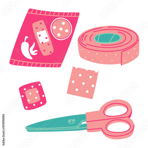 Set of colored flat patches, a roll, piece, a pack of adhesive tape, scissors. Pink, blue elements with a breathable surface. insulating strip to cover scratches. Strip of fabric is cut with scissors
