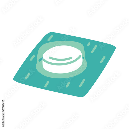 blister with one tablet in a package sideways in a flat style. Individual painkillers, antibiotic pharmacy, packaging elements of medicines for medical advertising, Vector illustration blue single