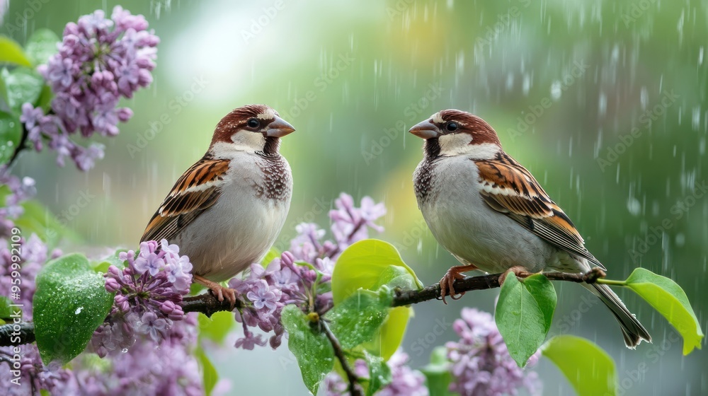 Sparrows bird sitting on lilac branches during rain.