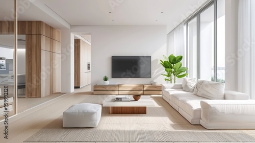  interior design of modern living room in white and wooden colors