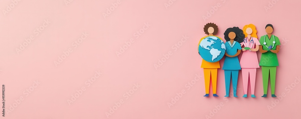 Obraz premium Diverse healthcare professionals hold a globe, representing global health and teamwork in a colorful, playful style.