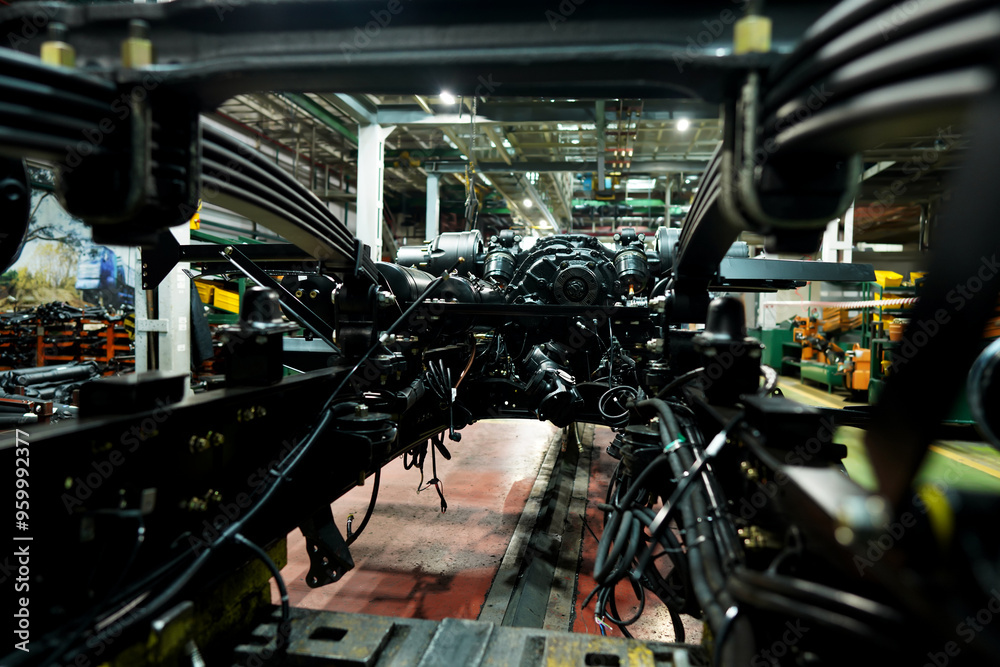 Truck production line. Workshop production of Heavy duty trucks. Trucks Manufacture. Assembly line of truck factory. Heavy duty truck plant. Frame, Wheel chassis, Engine install on frame. Truck production line. Workshop production of Heavy duty trucks. Trucks Manufacture. Assembly line of truck factory. Heavy duty truck plant. Frame, Wheel chassis, Engine install on frame.