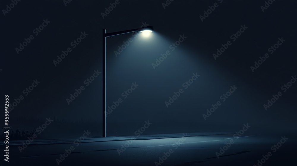 A Single Streetlight Illuminates a Foggy Road at Night A Single Streetlight Illuminates a Foggy Road at Night