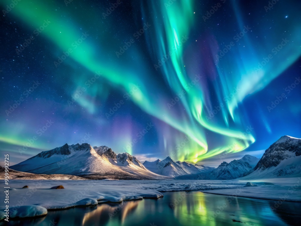 Naklejka premium Aurora borealis nighttime photography of dancing lights in dark blue skies with wispy clouds and snow-covered mountains celestial ethereal dreamy peaceful dramatic