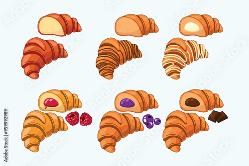 Different types of croissants in different shapes. Chocolate, blackberry, blueberry...