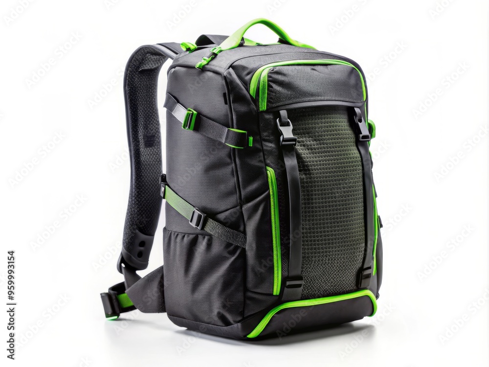 Naklejka premium backpack and laptop combo outdoor trekking gear sleek and modern urban jungle technical black and neon green rugged and durable wilderness adventure active lifestyle