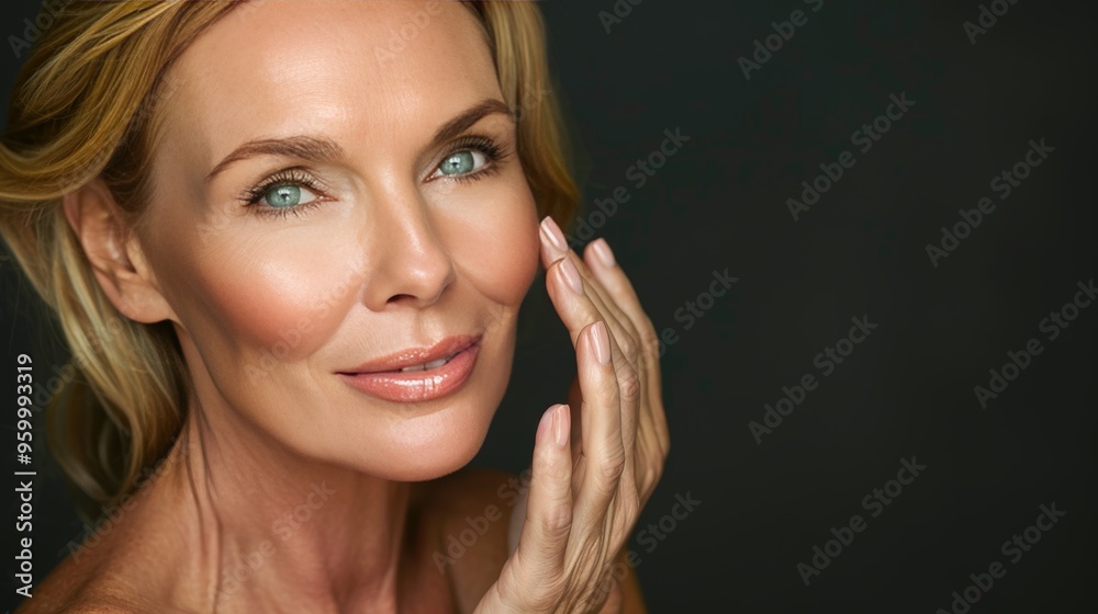 Portrait of a Beautiful Mature Woman with Healthy Skin, Gently Touching Her Face with Hand Portrait of a Beautiful Mature Woman with Healthy Skin, Gently Touching Her Face with Hand