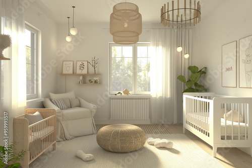 Modern minimalist nursery room in Scandinavian style, baby room interior in light colors, AI generated image, sleek and functional design with Nordic aesthetics photo