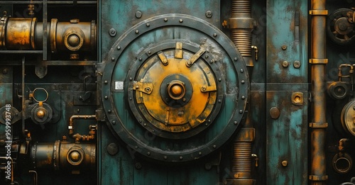 Wallpaper Mural A weathered, ornate steampunk vault door with intricate gears and pipes, adorned with a circular centerpiece. Torontodigital.ca