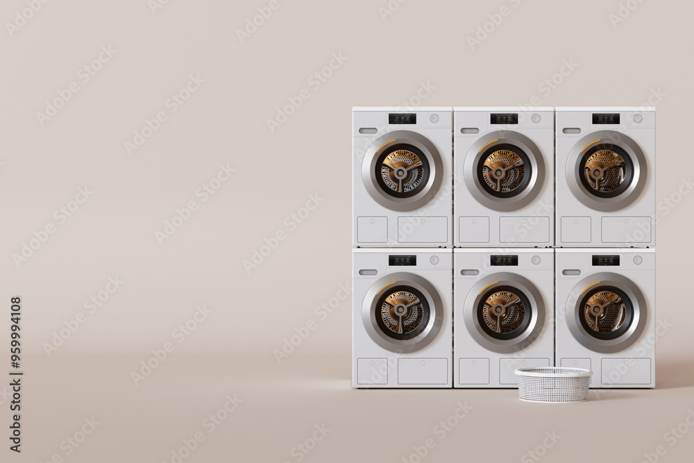 Row of washing machines, public laundry concept. Beige background, copy space for text. Commercial cleaning service. Laundromat. Shared amenities. Self-service, coin laundry, or coin wash. 3D render. Row of washing machines, public laundry concept. Beige background, copy space for text. Commercial cleaning service. Laundromat. Shared amenities. Self-service, coin laundry, or coin wash. 3D render.