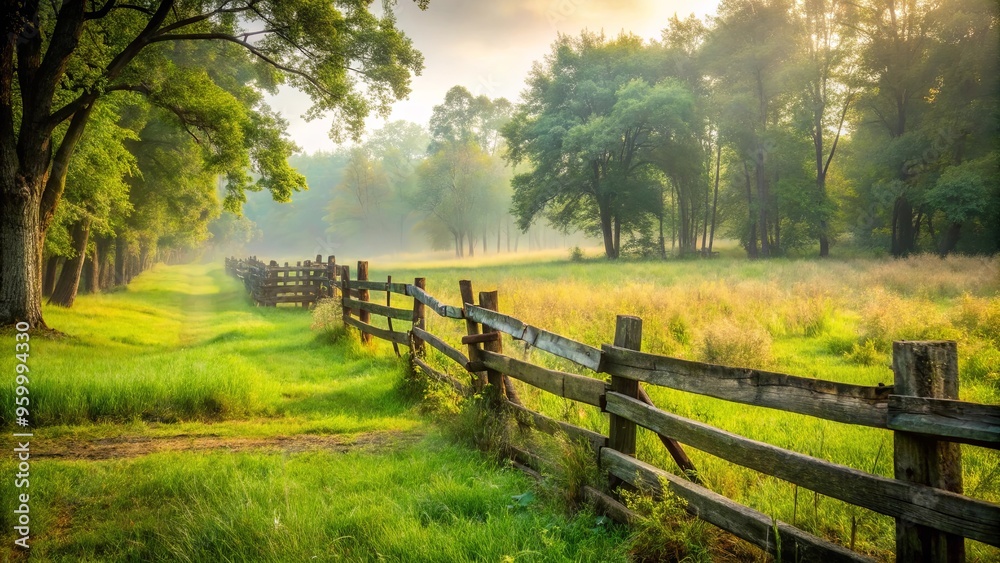 Weathered wooden fence surrounded by trees and grass in a hazy backdrop Weathered wooden fence surrounded by trees and grass in a hazy backdrop