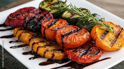 A vibrant assortment of grilled vegetables, including roasted tomatoes and zucchini, garnished with fresh rosemary and drizzled with balsamic glaze, served on a white plate photo