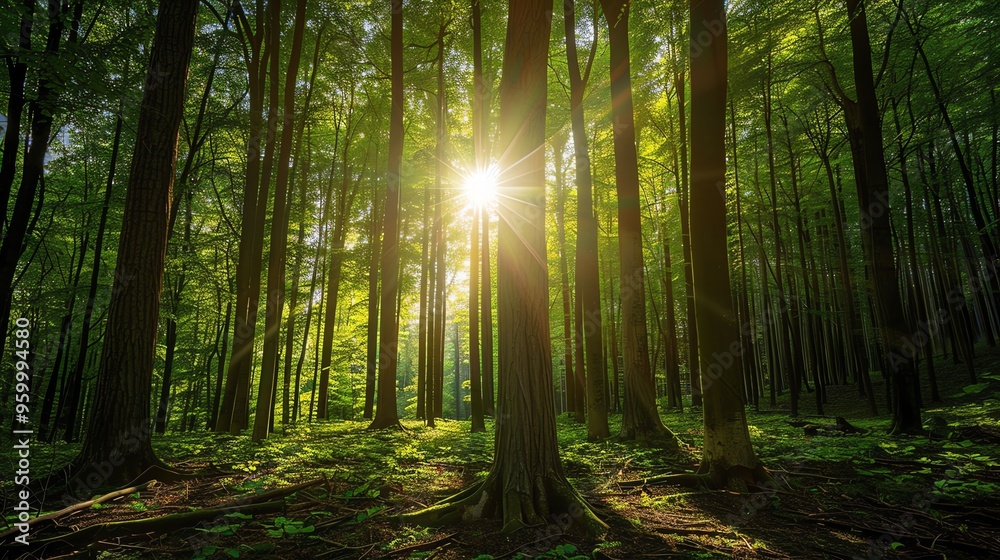 Fototapeta premium Sunlight shines through the trees in a lush green forest.