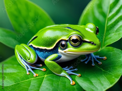 A vibrant green and blue frog with large eyes sits on a green leaf.