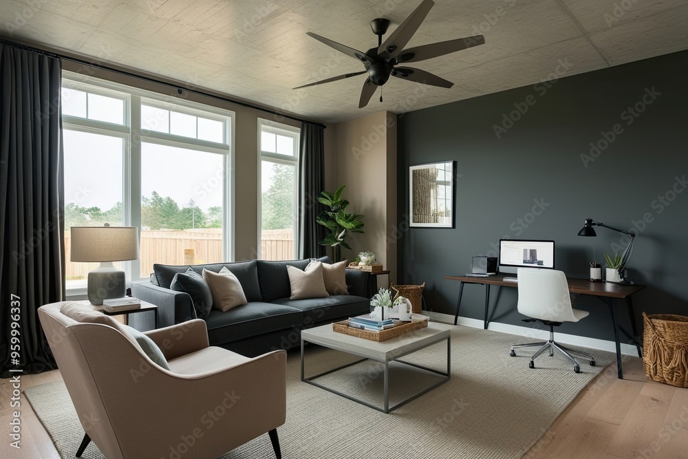 Fototapeta premium Serene Living Room with Deep Gray and Light Taupe Accents, Subtle Microcement Textures, and Thoughtfully Designed Office Space
