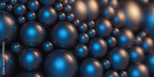 Abstract Background with Shiny Spheres. Close-up of metallic spheres with intricate textures densely packed on dark background.