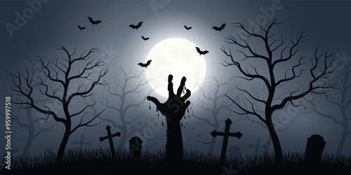 Spooky Halloween background with a scary hand, cemetery, bats and tree of death