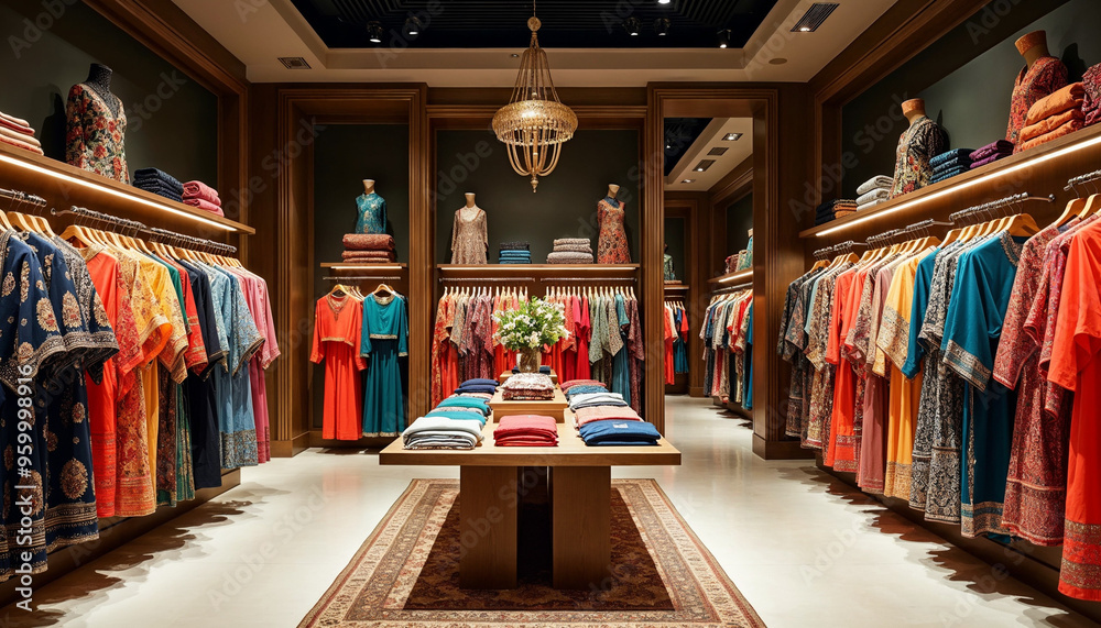 Obraz premium A luxurious boutique displaying vibrant ethnic garments with elegant racks and soft, ambient lighting, ideal for fashion ads.