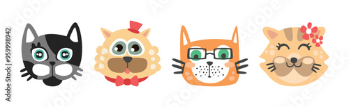 Funny Cat and Dog Muzzle and Smiling Snout Vector Set