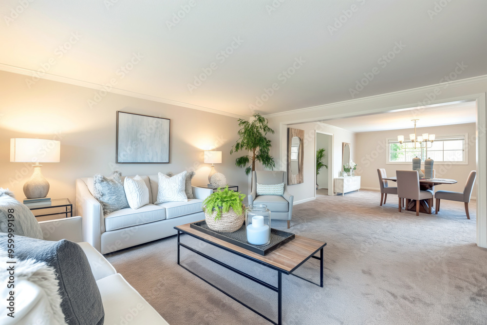 Fototapeta premium Bright, clean living room with neatly arranged furniture, a vacuumed carpet, and a spotless coffee table, exuding a sense of order and cleanliness.