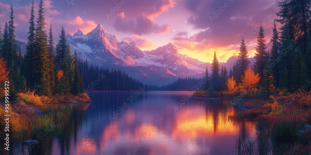 Serene Mountain Lake at Sunset with a Starry Sky Serene Mountain Lake at Sunset with a Starry Sky