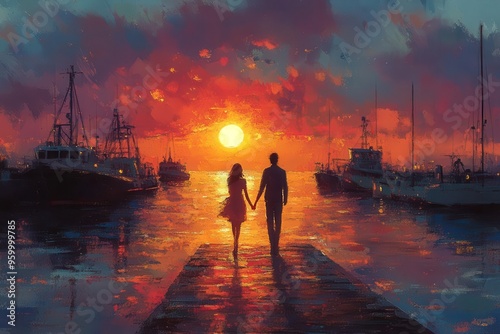 romantic coastal stroll artistic rendering of couple walking handinhand along picturesque harbor pier vibrant fishing boats and warm sunset hues create dreamy impressionistic atmosphere photo