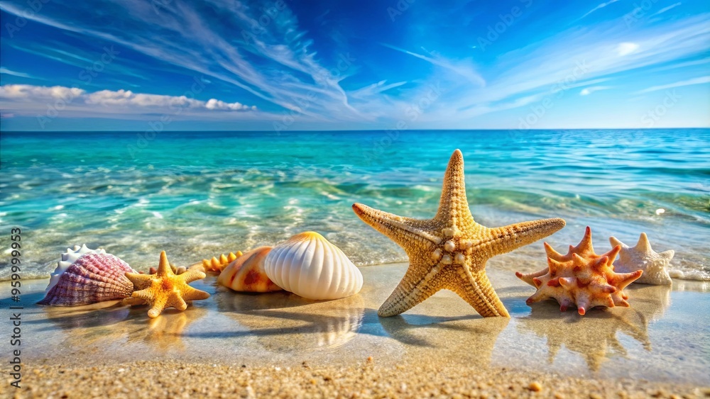 Seashells and starfish on a sandy shore with crystal-clear blue water in the background Seashells and starfish on a sandy shore with crystal-clear blue water in the background