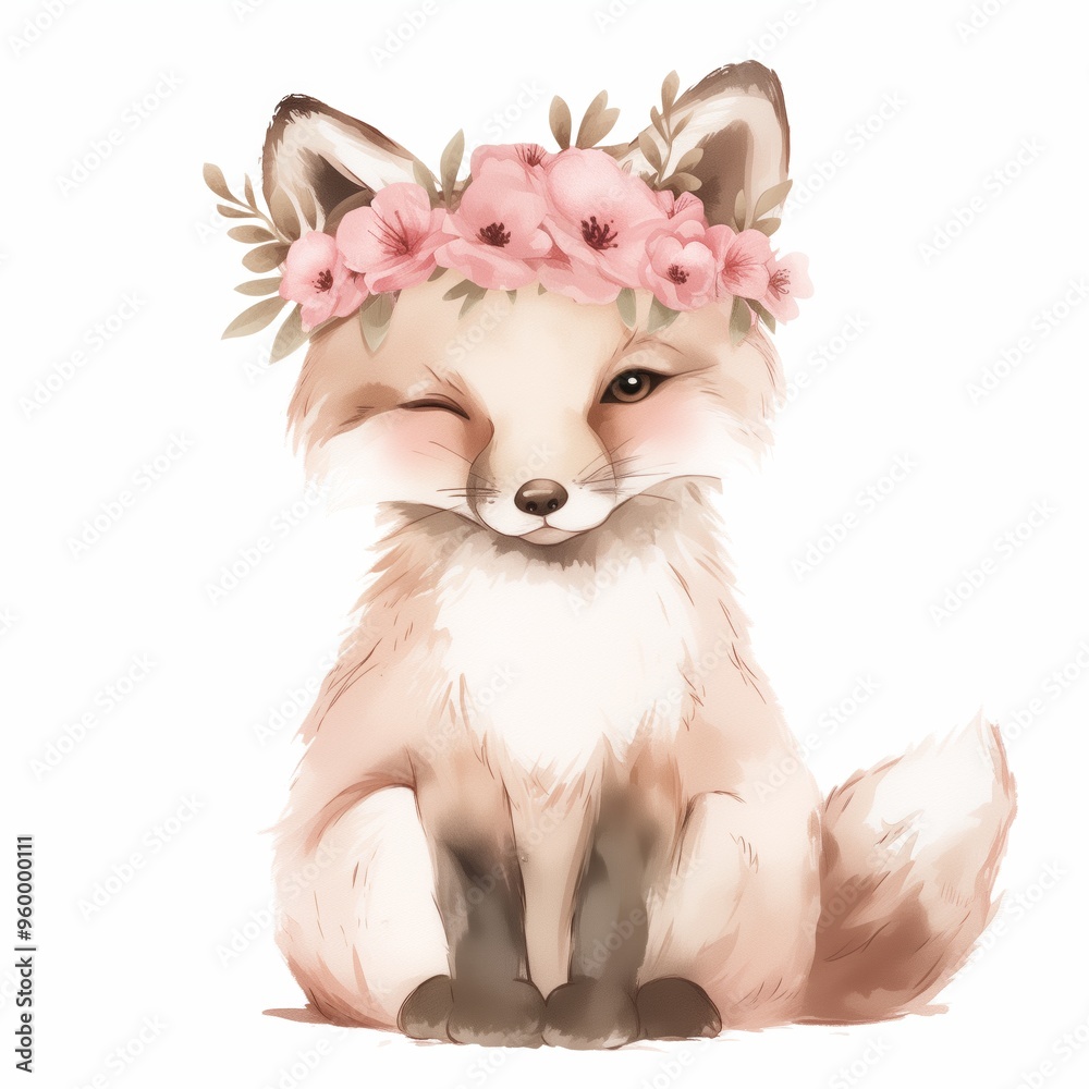 Cute fox with a floral crown sitting quietly amidst a whimsical forest backdrop in springtime Cute fox with a floral crown sitting quietly amidst a whimsical forest backdrop in springtime