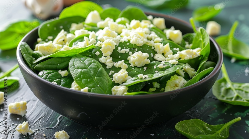 Fresh and Healthy Salad with Baby Spinach, Crumbled Cheese, and Light Dressing in a Bowl Fresh and Healthy Salad with Baby Spinach, Crumbled Cheese, and Light Dressing in a Bowl