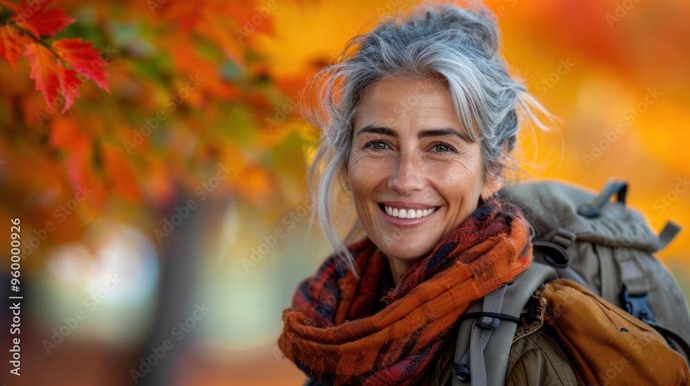 A woman with silver hair smiling in front of a vibrant autumn park with orange and red foliage background. A woman with silver hair smiling in front of a vibrant autumn park with orange and red foliage background.