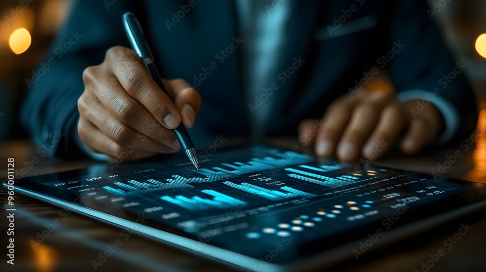 Businessman uses digital tablet to analyze and calculate financial data with economic growth graph, business strategy and planning. Businessman uses digital tablet to analyze and calculate financial data with economic growth graph, business strategy and planning.
