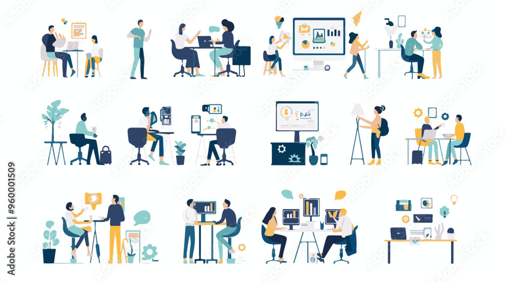 Teamwork web concept with people scenes mega set in flat design. Bundle of character situations with brainstorming for developing business, Teamwork web concept with people scenes mega set in flat design. Bundle of character situations with brainstorming for developing business,