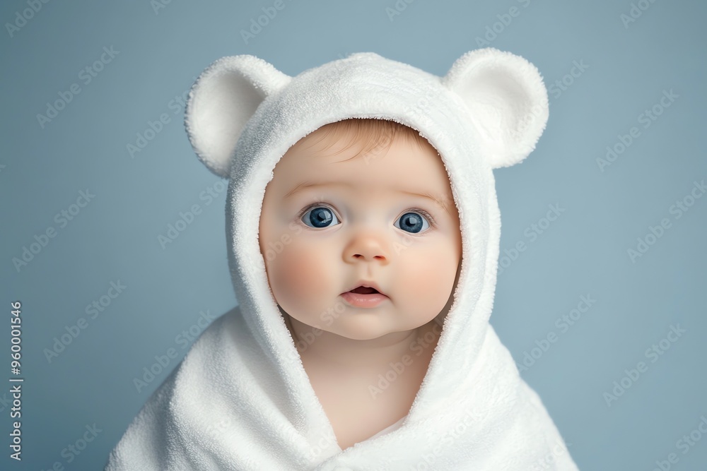 Baby with Blue Eyes Wearing a White Hooded Towel with Bear Ears Baby with Blue Eyes Wearing a White Hooded Towel with Bear Ears