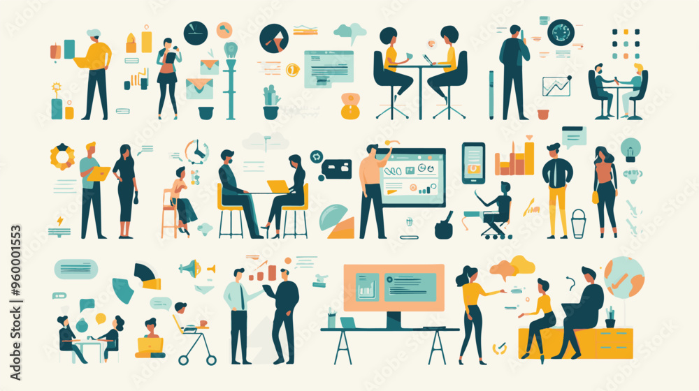 Teamwork web concept with people scenes mega set in flat design. Bundle of character situations with brainstorming for developing business, Teamwork web concept with people scenes mega set in flat design. Bundle of character situations with brainstorming for developing business,