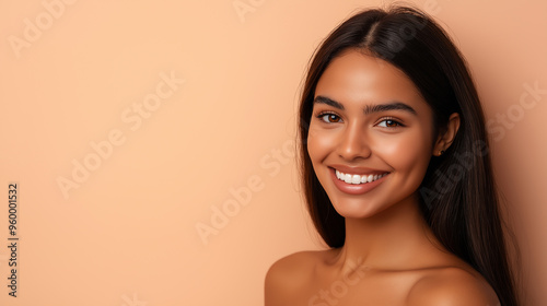 Smiling woman with glowing skin and long straight hair, natural beauty portrait, healthy and radiant complexion, happiness, positive emotions, professional studio shot, neutral background