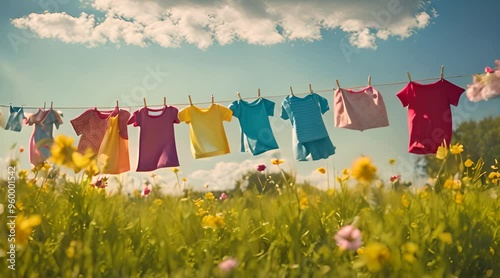 Colorful children's clothes dried on a clothesline, swaying gently in the warm breeze