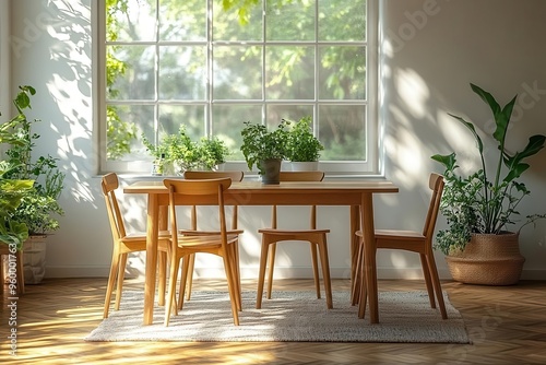 scandinavianinspired dining set with sleek wooden table and minimalist chairs in a lightfilled airy interior space photo