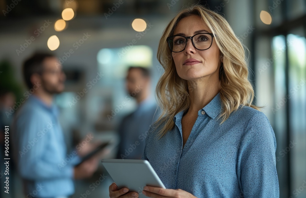 Fototapeta premium Blonde businesswoman in glasses holding a tablet, thinking during office meeting discussion